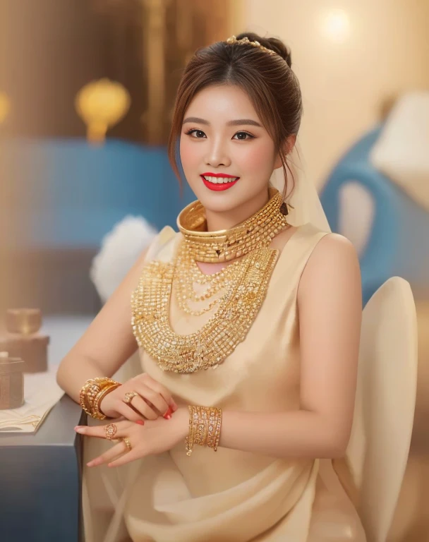 Close-up of woman wearing red dress and gold jewelry, traditional beauty, Wear gold jewelry, Vietnamese woman, gold and red, Niwan Chandra, Southeast Asia that has existed for a long time, traditional chinese, red and gold, Chinese woman, Southeast Asians with round faces, beautiful oriental woman, Sukhothai dress, asian woman