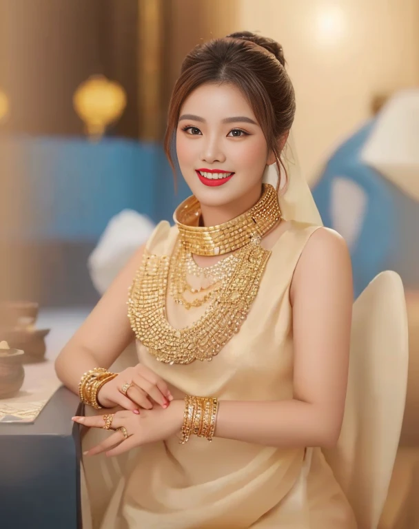 Close-up of woman wearing red dress and gold jewelry, traditional beauty, Wear gold jewelry, Vietnamese woman, gold and red, Niwan Chandra, Southeast Asia that has existed for a long time, traditional chinese, red and gold, Chinese woman, Southeast Asians with round faces, beautiful oriental woman, Sukhothai dress, asian woman