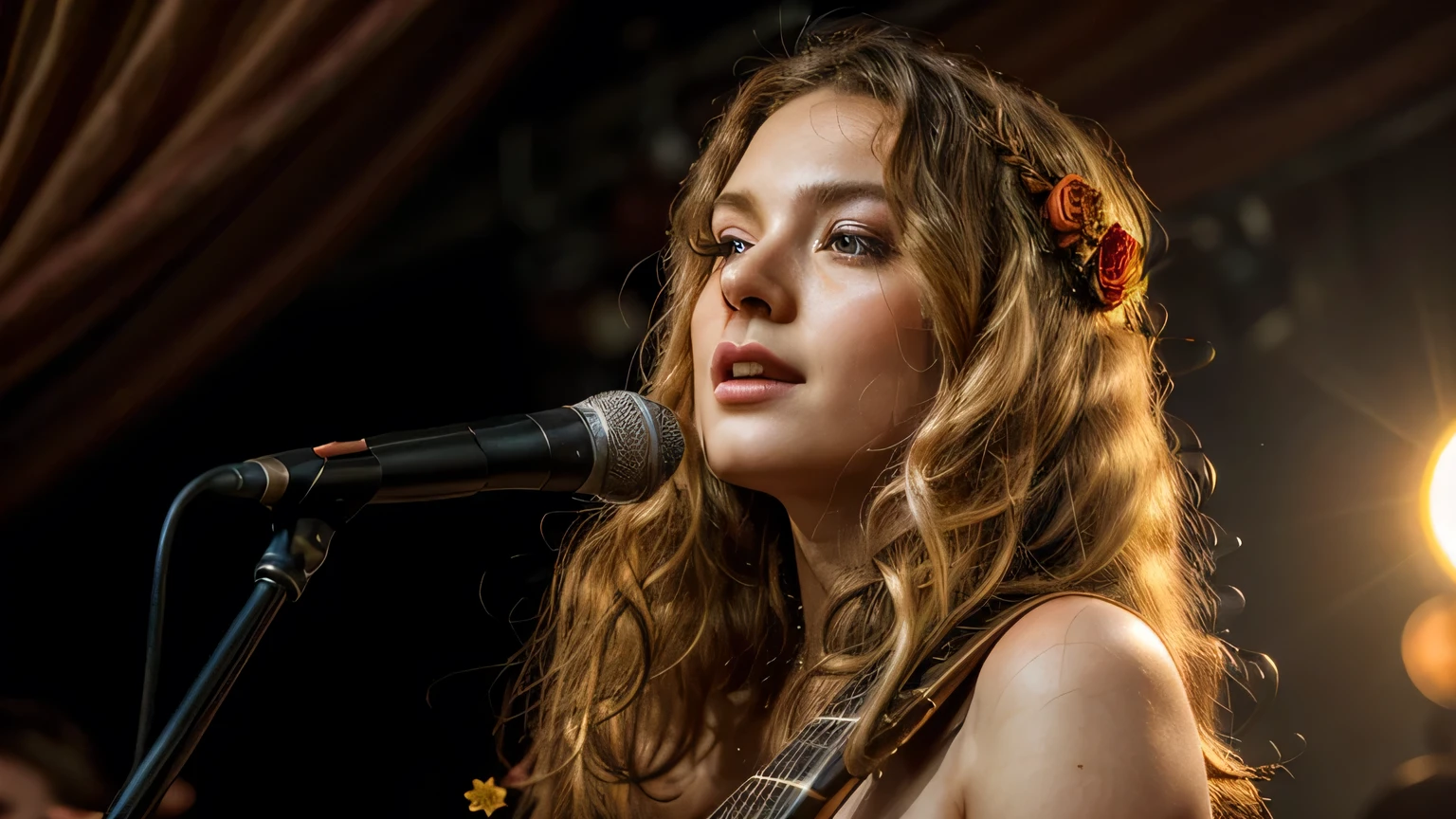 ((Best quality)), ((masterpiece)),(Detail), perfect face, full length photo, sings on stage with a microphone in his hands, Woman in silk dress, woman woman with blond and curly hair, Beautiful long curly hair, Romantic style, Retro vintage and romanticism, Blurred background image, sunset light, Golden Sun, Roses, a lot of flying flower petals, rose petals stuck in hair, warm orange color background, hyperrealistic photographs, 8 k, Ultra high resolution, sharp faces
