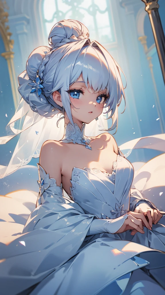 ((detailed)), ((high resolution)), anime girl, white hair, one braided bun hairstyle, blue eyes, wedding gown