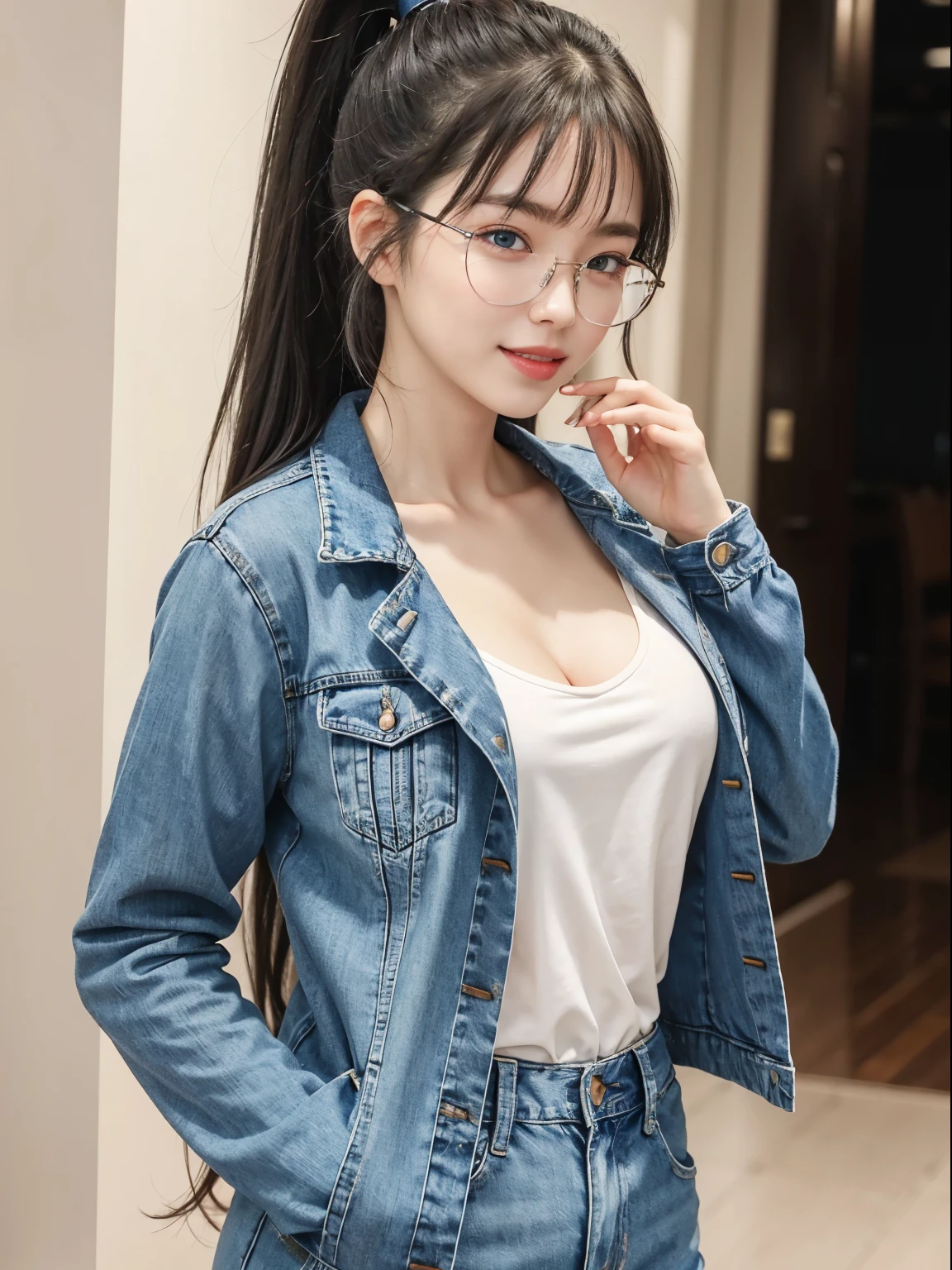 (Best quality, masterpiece, detailed), (RAW, 4k, hd images), 1 girl, , white skin, long hair, ponytail, layers hair, bangs, black hair, beautiful girl, cute girl, sweet girl, pretty girl, perfect girl, perfect body, pretty eyes, blue eyes, thin lips, (eye line, lip soft), perfect round breast, glasses(detailed frame), simple background, smile, waist, hips, jeans jacket, half body, modeling pose, free style pose, random angle capture, cleavage, do guts pose