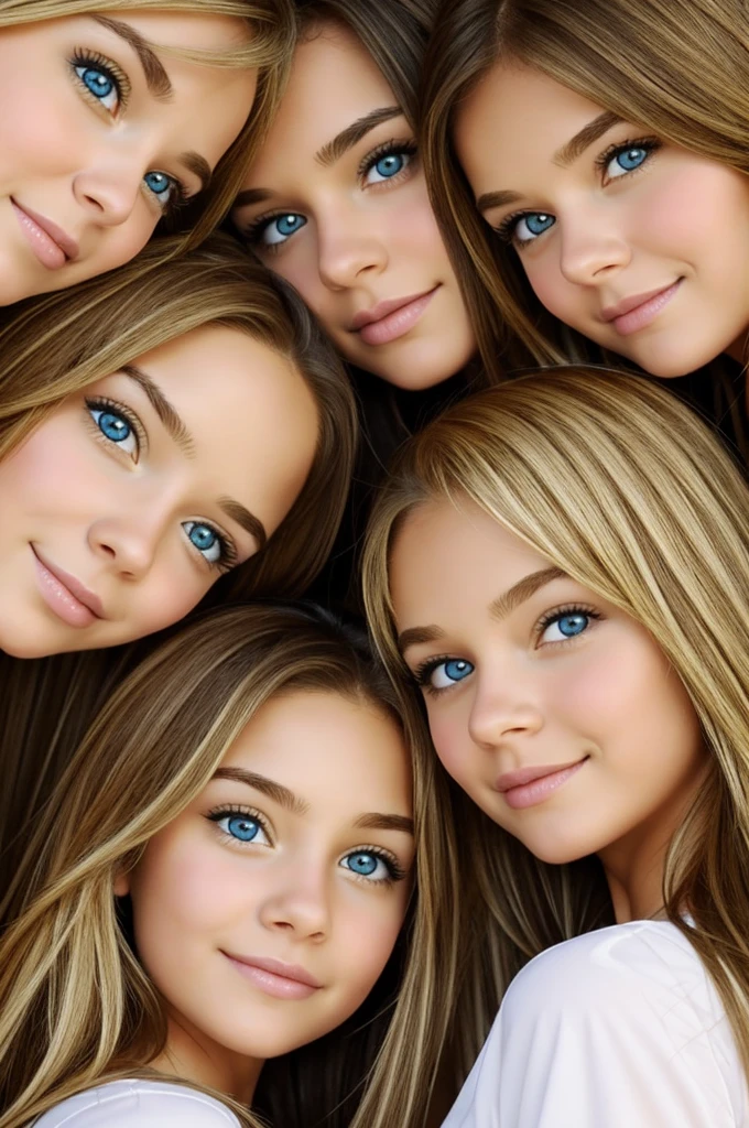 (Five) white young teens, (beautifully detailed face), long blonde hair, smiling, nude, viewed from above