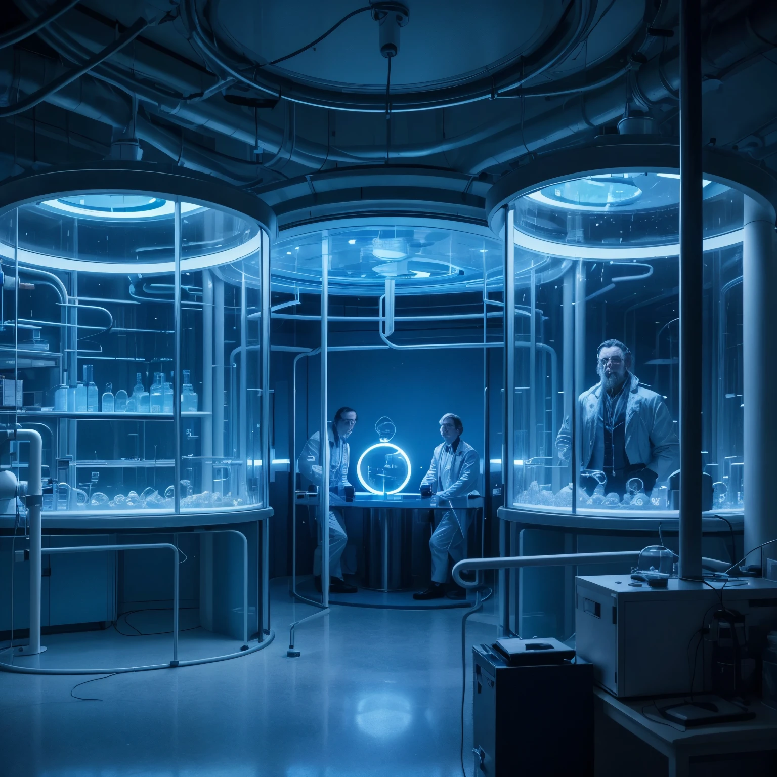 an evil laboratory with two giant tube aquariums with several wires coming out of the teeth of the giant tubes only has these two tubes, blue lights and four doctors in white coats, Coast, the focus is on the two giant tubes, There is no one inside the tubes, the doctors are outside looking