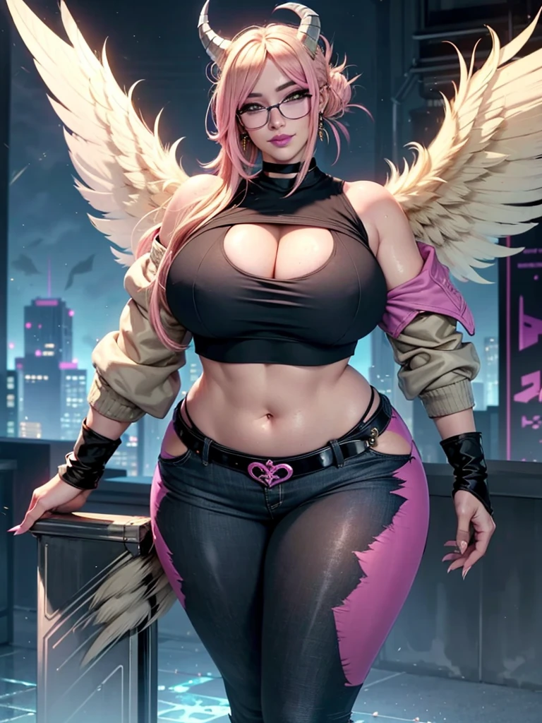 realisticlying,22yo girl,Blonde short、big body, sexy lingerie lace black ,perfect eyes, hair bunches、very very long hair, ultradetailed hair, body nylon sexy, Breasts enlarged、 big body, blonde, woman 1.90 CM,ponytail, ((hair over eyes)),perfect mouth, massive big bounce oppai, WET SKIN, (masterpiece, best quality:1.2), 1girl, solo, city background, haze \(fortnite\), Harpy Haze From fortnite, 1girl, earrings, glasses, hat, jewelry, lips, long hair, looking at viewer, makeup, nail polish, pink eyes, pink hair, pink nails, smile, sunglasses, tinted eyewear, belt, black pants, crop top, eyeshadow, midriff, navel, pants, choker, fingernails, round eyewear, sharp fingernails, standing, black feathers, black headwear, hoop earrings, horned headwear, horns, denim, winged arms, feather trim, star \(symbol\), elbow gloves, dark pink lips, feathers, heels, shoes, angel wings, bangle, black wings, crop top overhang, feathered wings, harpy, low wings, multicolored hair, multicolored wings, pink wings, wings, fingerless gloves, shirt, long fingernails, boater hat, bootcut pants, leather pants, sleeves, black sleeves,massive big bounce oppai,massive big bounce oppai,massive big bounce oppai,