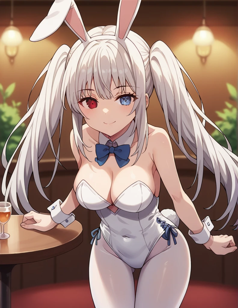 1girl, solo, long hair, big breasts, looking at viewer, smile, bangs, blue eyes, red eyes, dancing, bow, animal ears, cleavage, bare shoulders, twintails, medium breasts, very long hair, closed mouth, tail, white hair, pantyhose, sidelocks, indoors, bowtie, rabbit ears, blurry, leotard, cup, wrist cuffs, bare arms, strapless, covered navel, leaning forward, detached collar, fake animal ears, heterochromia, blue bow, playboy bunny, rabbit tail, strapless leotard, white pantyhose, white leotard,