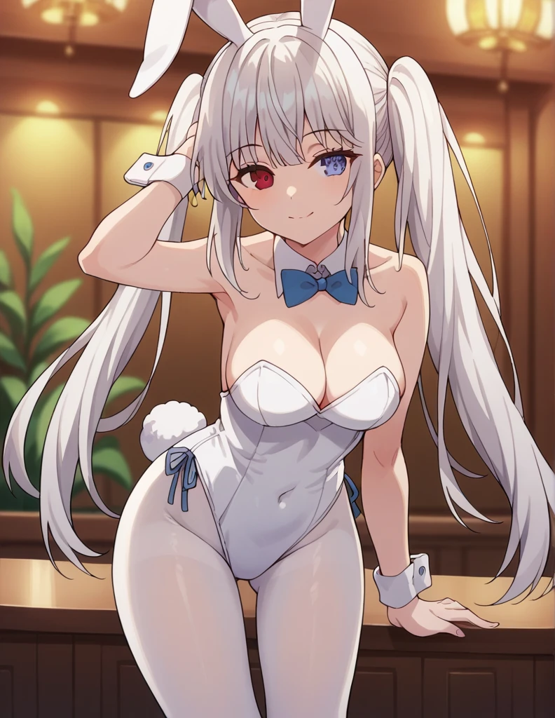 1girl, solo, long hair, big breasts, looking at viewer, smile, bangs, blue eyes, red eyes, dancing, bow, animal ears, cleavage, bare shoulders, twintails, medium breasts, very long hair, closed mouth, tail, white hair, pantyhose, sidelocks, indoors, bowtie, rabbit ears, blurry, leotard, cup, wrist cuffs, bare arms, strapless, covered navel, leaning forward, detached collar, fake animal ears, heterochromia, blue bow, playboy bunny, rabbit tail, strapless leotard, white pantyhose, white leotard,