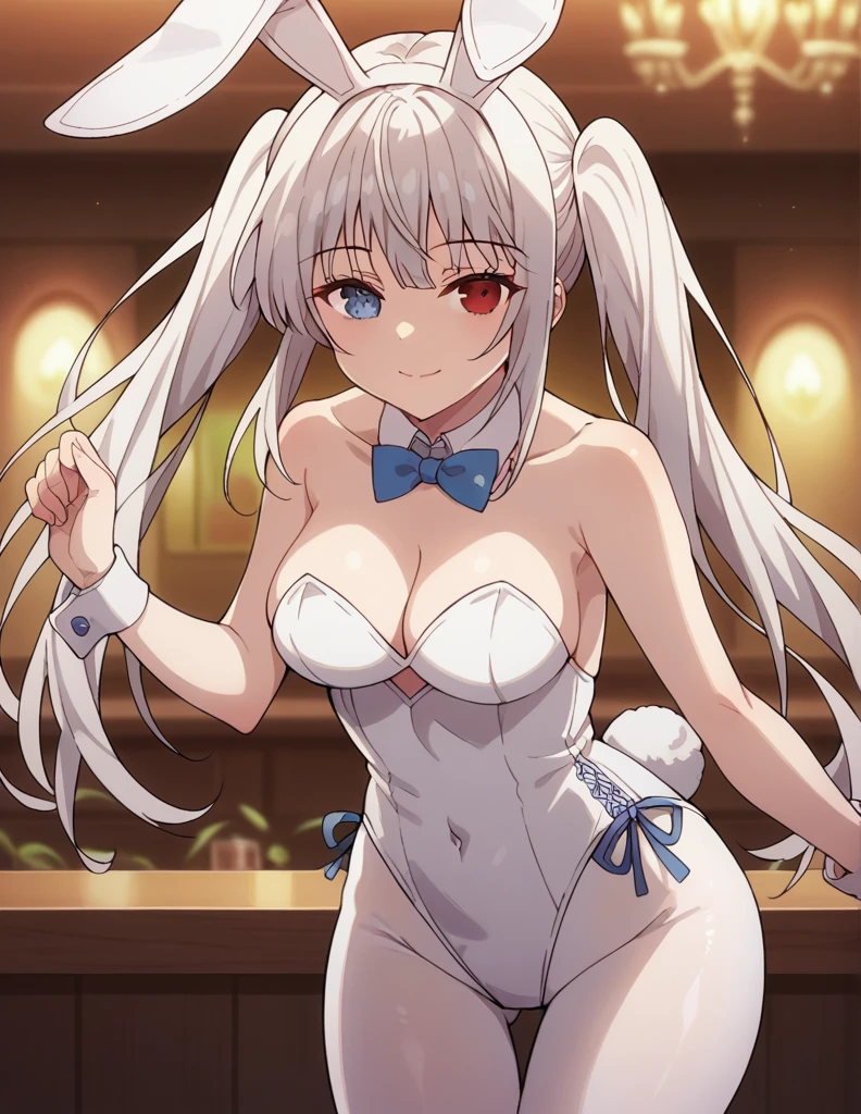 1girl, solo, long hair, big breasts, looking at viewer, smile, bangs, blue eyes, red eyes, dancing, bow, animal ears, cleavage, bare shoulders, twintails, medium breasts, very long hair, closed mouth, tail, white hair, pantyhose, sidelocks, indoors, bowtie, rabbit ears, blurry, leotard, cup, wrist cuffs, bare arms, strapless, covered navel, leaning forward, detached collar, fake animal ears, heterochromia, blue bow, playboy bunny, rabbit tail, strapless leotard, white pantyhose, white leotard, 