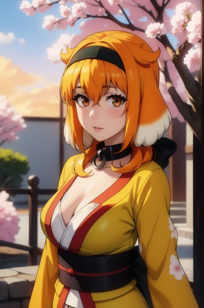 1girl, solo, adult mature woman, age 30, high quality, best quality, highres, high detail, standing, pikkyroxanne, looking at viewer, orange hair, blonde hair, hair between eyes, bangs, brown eyes, breasts, animal ears, collar, black hairband, hairband, tail, dog tail, dog ears, cleavage, floppy ears, black collar, dog girl, Japanese kimono, traditional design, submissive pose, serene garden setting, cherry blossoms, sunset hues, vibrant, detailed, 8k resolution, sneeze 