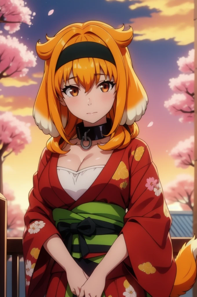 1girl, solo, adult mature woman, age 30, high quality, best quality, highres, high detail, standing, pikkyroxanne, looking at viewer, orange hair, blonde hair, hair between eyes, bangs, brown eyes, breasts, animal ears, collar, black hairband, hairband, tail, dog tail, dog ears, cleavage, floppy ears, black collar, dog girl, Japanese kimono, traditional design, submissive pose, serene garden setting, cherry blossoms, sunset hues, vibrant, detailed, 8k resolution, sneeze 