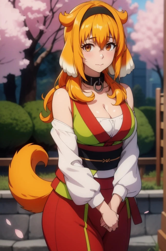 1girl, solo, adult mature woman, age 30, high quality, best quality, highres, high detail, standing, pikkyroxanne, looking at viewer, orange hair, blonde hair, hair between eyes, bangs, brown eyes, breasts, animal ears, collar, black hairband, hairband, tail, dog tail, dog ears, cleavage, floppy ears, black collar, dog girl, Japanese kimono, traditional design, submissive pose, serene garden setting, cherry blossoms, sunset hues, vibrant, detailed, 8k resolution, sneeze 