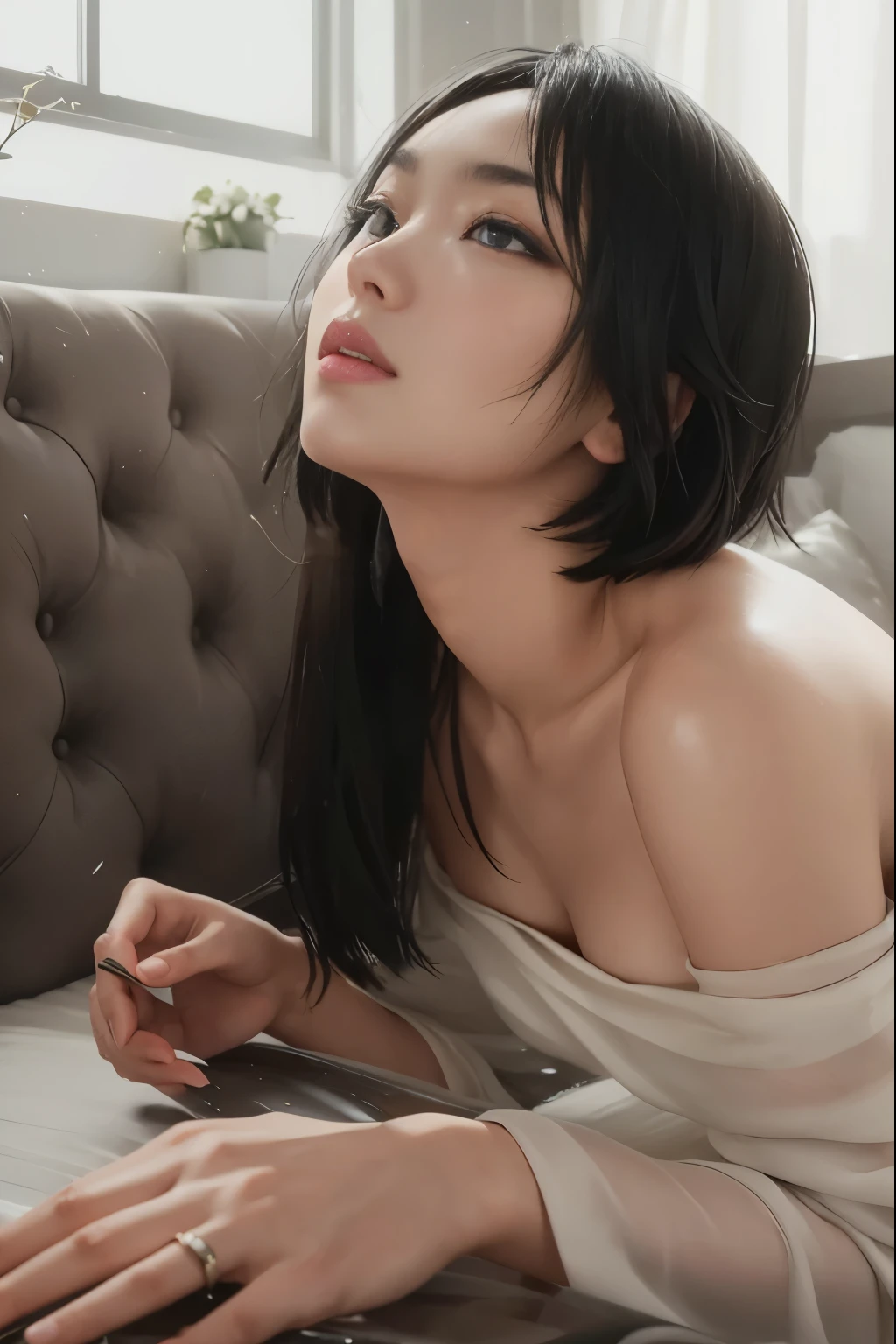(Best quality, 8k, 32k, Masterpiece, UHD:1.2) "Generate a captivating artwork featuring a young Japanese girl model with short, sleek black hair styled in a chic bob haircut. Envision her bathed in dramatic cinematic lighting, creating an atmosphere of allure and mystery. Emphasize a romantic aesthetic vibe, showcasing the model in a poised and elegant pose that evokes a sense of intimacy and sophistication. Utilize warm and soft tones to enhance the romantic ambiance, and consider incorporating elements like flowing fabrics or flowers to add a touch of ethereal beauty. Capture the essence of romance and beauty through the model's expression, the play of light and shadows, and the overall aesthetic, creating a visually compelling and emotionally resonant piece." (perfect eyes), flawless skin, flawless face, cinematic, tight body, ((well-proportion female hands)), ((female hands with five digits))
