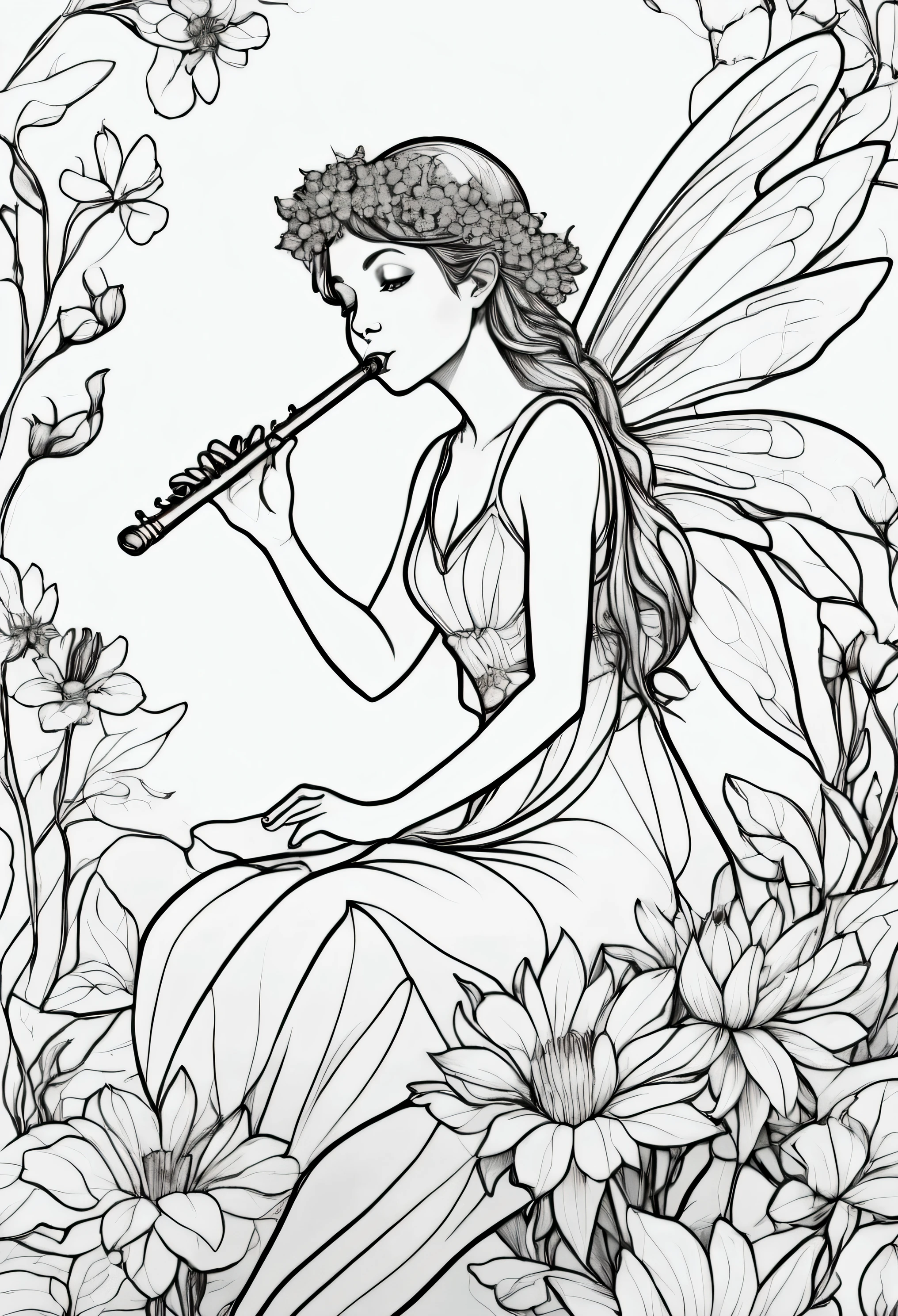 A fairy sitting on a large flower, playing a flute. clean line art, white background, colouring page, clean outline, sketch style, clean lines