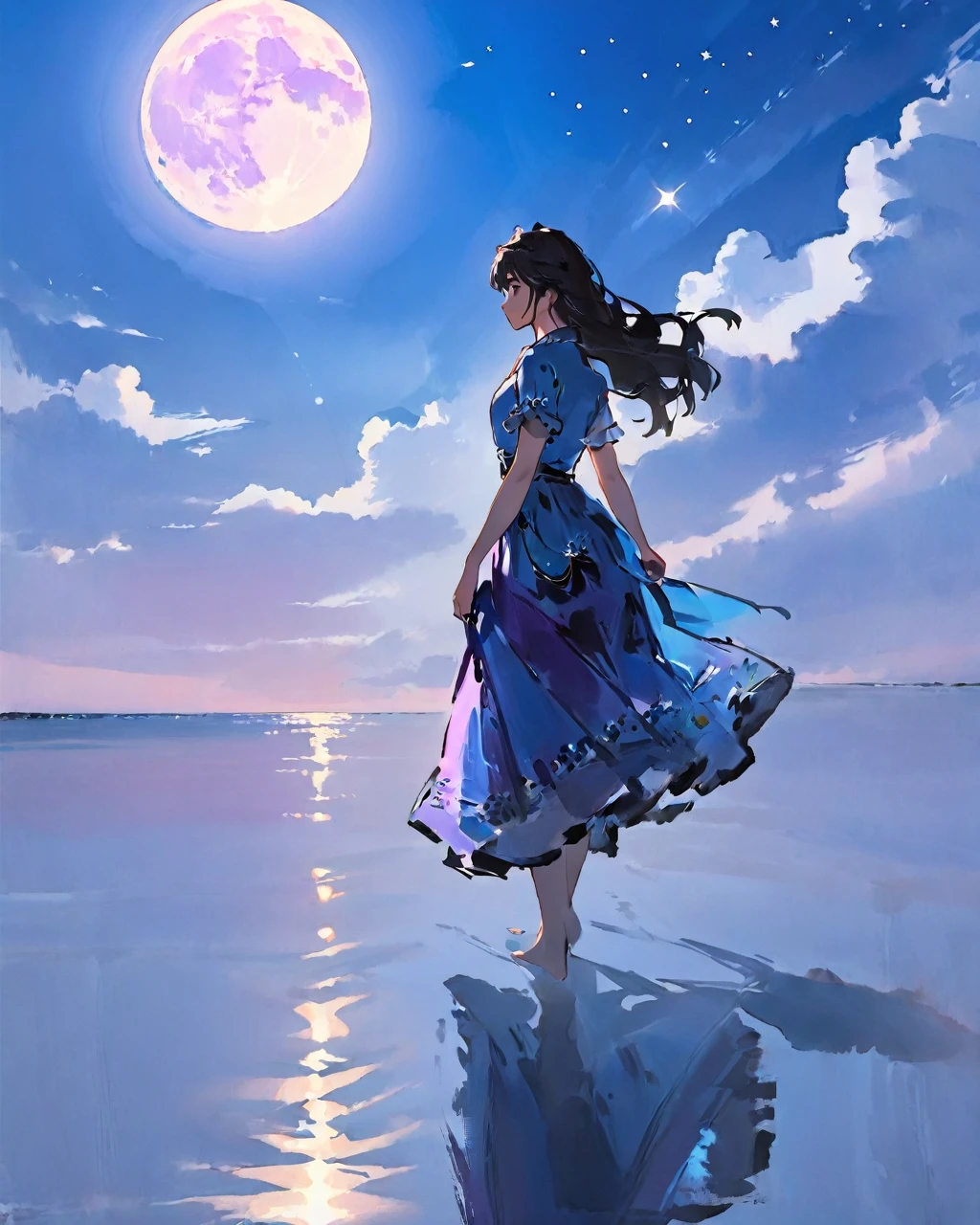 (masterpiece),(wallpaper), (best quality), (Best lighting, The best shadow), (Best Illustration Award), Dynamic Angle,
(+++A girl+++) is walk in front of a delicate and beautiful moon-blue sky, Solitary, from the side, 
(Backlight), Medium shot, (Beautiful and delicate girl:1.3), beautiful bare back, (Delicate face:1.2), (Flowing long hair:1.2), (Beautiful long skirt:1.2), floating long dress,
That girl (walk) On the water, Beautiful and delicate purple water surface, Reflection water,
Highly saturated blue clouds and (Star Sky) In the background, Cool color tradition_ink_,