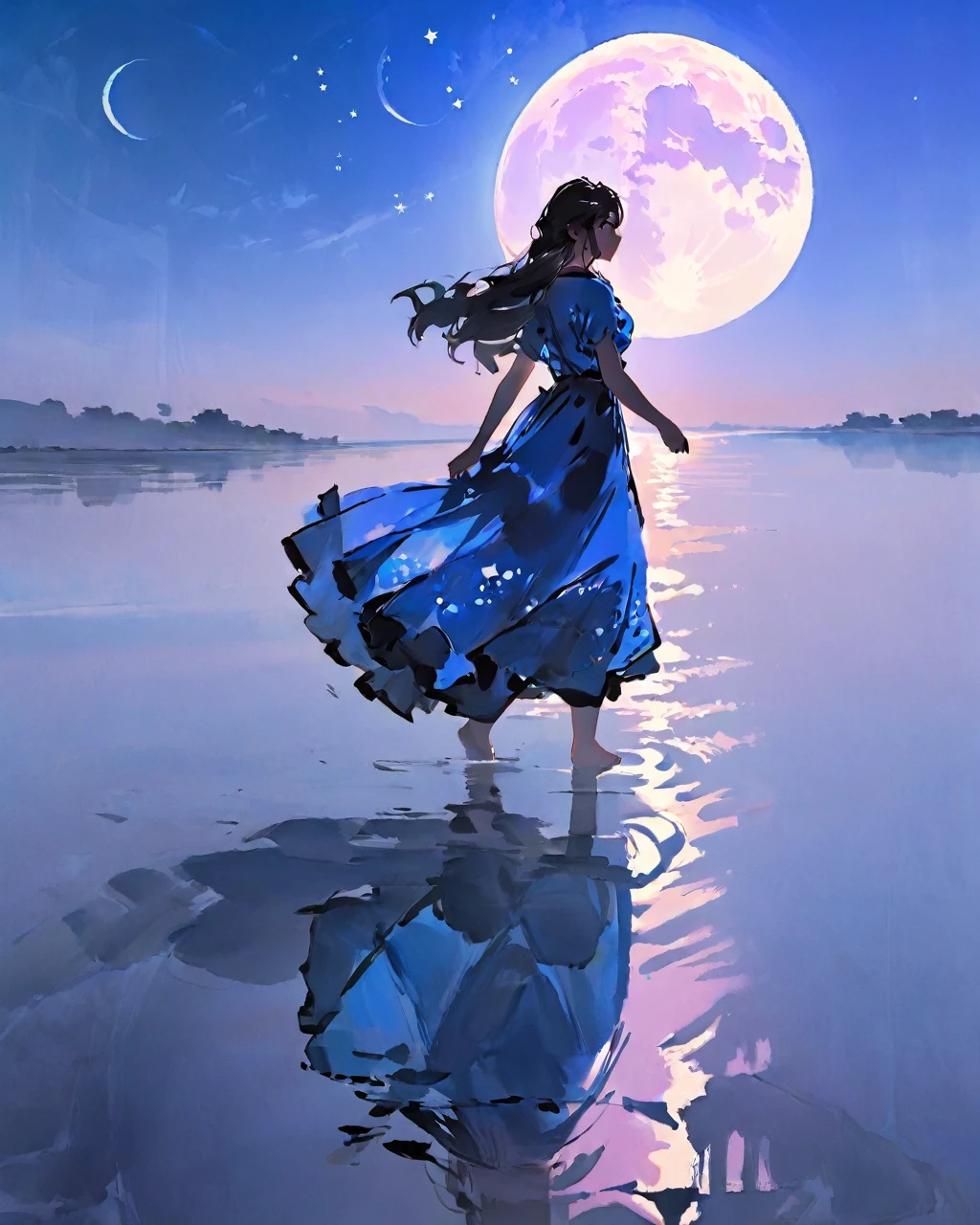 (masterpiece),(wallpaper), (best quality), (Best lighting, The best shadow), (Best Illustration Award), Dynamic Angle,
(+++A girl+++) is walk in front of a delicate and beautiful moon-blue sky, Solitary, from the side, 
(Backlight), Medium shot, (Beautiful and delicate girl:1.3), beautiful bare back, (Delicate face:1.2), (Flowing long hair:1.2), (Beautiful long skirt:1.2), floating long dress,
That girl (walk) On the water, Beautiful and delicate purple water surface, Reflection water,
Highly saturated blue clouds and (Star Sky) In the background, Cool color tradition_ink_,