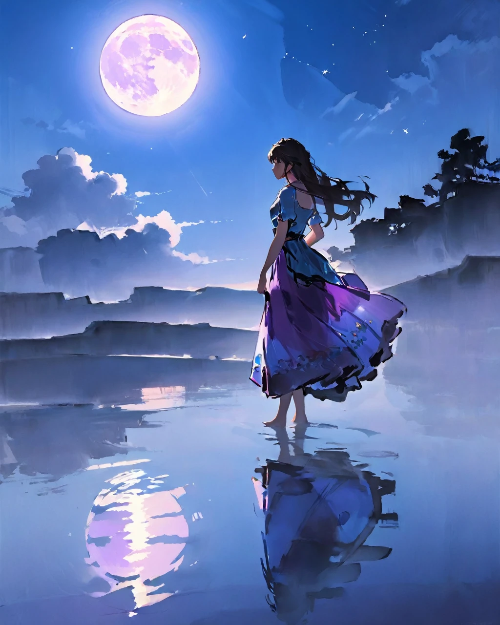 (masterpiece),(wallpaper), (best quality), (Best lighting, The best shadow), (Best Illustration Award), Dynamic Angle,
(+++A girl+++) is walk in front of a delicate and beautiful moon-blue sky, Solitary, from the side, 
(Backlight), Medium shot, (Beautiful and delicate girl:1.3), beautiful bare back, (Delicate face:1.2), (Flowing long hair:1.2), (Beautiful long skirt:1.2), floating long dress,
That girl (walk) On the water, Beautiful and delicate purple water surface, Reflection water,
Highly saturated blue clouds and (Star Sky) In the background, Cool color tradition_ink_,