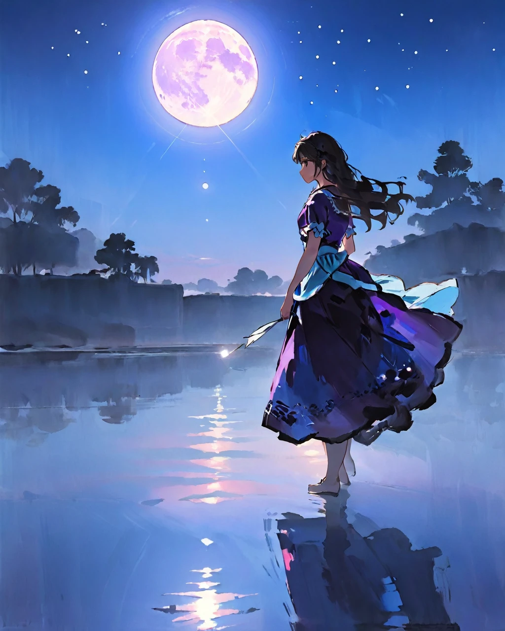 (masterpiece),(wallpaper), (best quality), (Best lighting, The best shadow), (Best Illustration Award), Dynamic Angle,
(+++A girl+++) is walk in front of a delicate and beautiful moon-blue sky, Solitary, from the side, 
(Backlight), Medium shot, (Beautiful and delicate girl:1.3), beautiful bare back, (Delicate face:1.2), (Flowing long hair:1.2), (Beautiful long skirt:1.2), floating long dress,
That girl (walk) On the water, Beautiful and delicate purple water surface, Reflection water,
Highly saturated blue clouds and (Star Sky) In the background, Cool color tradition_ink_,