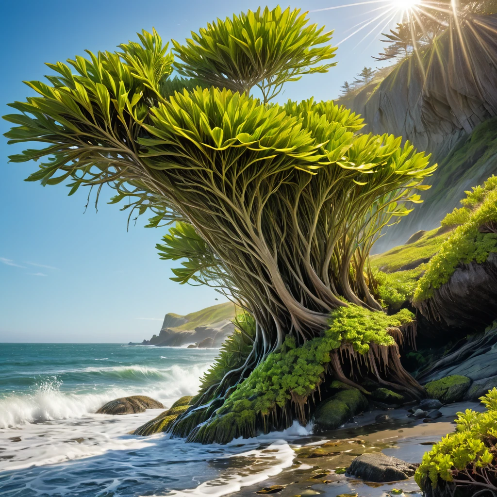 Create an image of the Bladder Wrack seaweed in its natural coastal environment. The scene should depict a rugged, wind-swept coastline with waves crashing against weathered rocks. Dense clusters of Bladder Wrack should cover the rocks in the intertidal zone, extending into the clear, cool water. The seaweed features long, green-brown fronds with distinctive air bladders that help it float. Highlight the intricate patterns of its branches and bladders, giving it an ethereal appearance. The atmosphere should capture the raw beauty of the coastal wilderness, with the tang glistening in the sunlight and the sound of the ocean in the background.