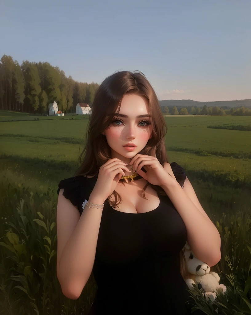 there is a woman posing on a field with a stuffed animal, Anna Nikonova aka Newmilky, Lovely woman, in the countryside, olga buzova, attractive girl, russian bride, Alina Ivánchenko, Anastasia Ovchinnikova, on a field, Amazing beauty, young woman, brown hair and big eyes, Portrait Sophie Mudd, Perfect face )