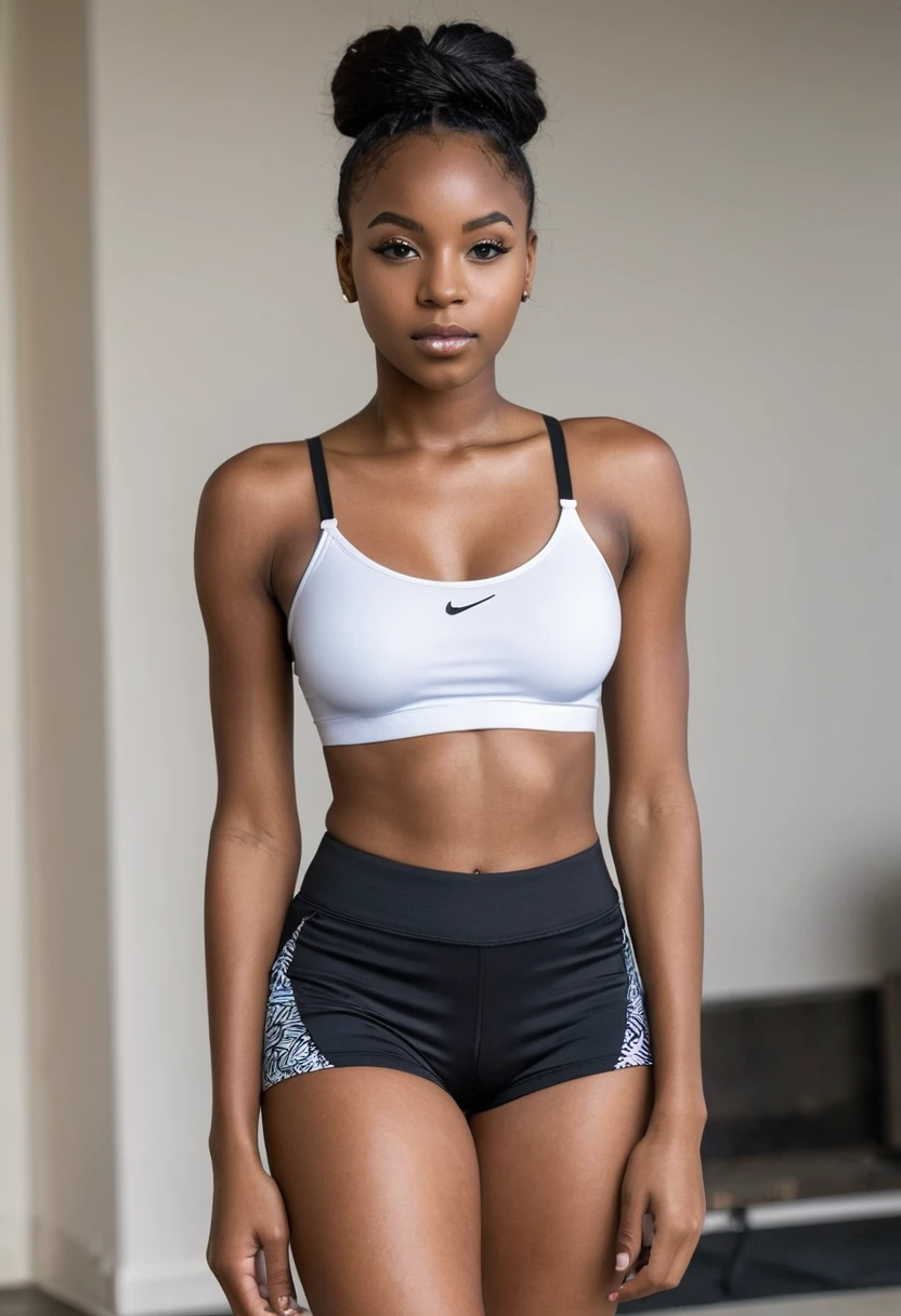 20 year old black African woman, Black hair blackpower Perfect Face, Wearing Thin Strap Bra and Sexy Short Tight Gym Shorts