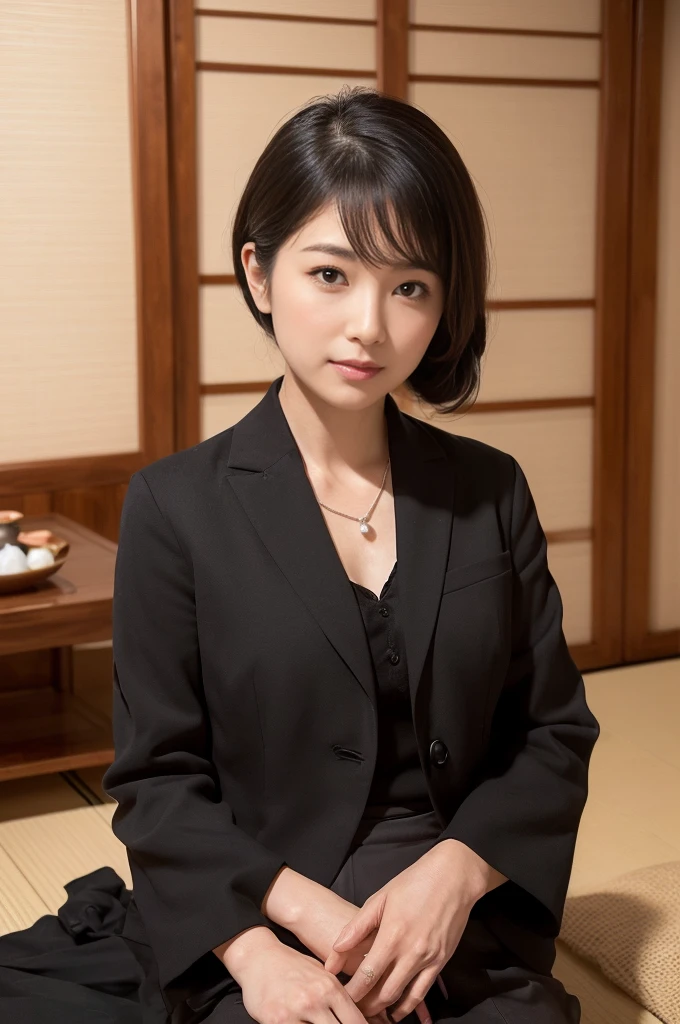 ((One woman,The most beautiful face in Japan,40 years,Aged face,Mature Woman,There are wrinkles at the corners of the eyes,pregnancy,Big Belly,Detailed face,The perfect gas chamber,Looking into the camera,Have a look at this)),((((Black Shirt,Black suit jacket,Black Skirt,Black mourning)))),((Pearl Necklace,Classy hairstyle,Natural Makeup,My chest is very swollen,Please laugh here,Eyebrows are lowered,Drooping eyebrows,Staring with a lovely expression,Sit in a Japanese-style room,Japanese-style room with tatami (woven-straw) flooring,Shoji screen,,Seowon Building,sitting on a cushion in a Japanese room,Looking into the camera,Looking at the camera,Please take a photo from above your knees)),((Referring to this,Have a look at this,Perfect Fingers,Perfect Arms,Detailed Background,Highest quality,Ultra-high resolution,Perfect Anatomy,High-resolution RAW color photos,Professional photography, Very delicate and beautiful, Very detailed,In detail, Large file size,Best image quality,8K,Award-winning works,Tabletop))