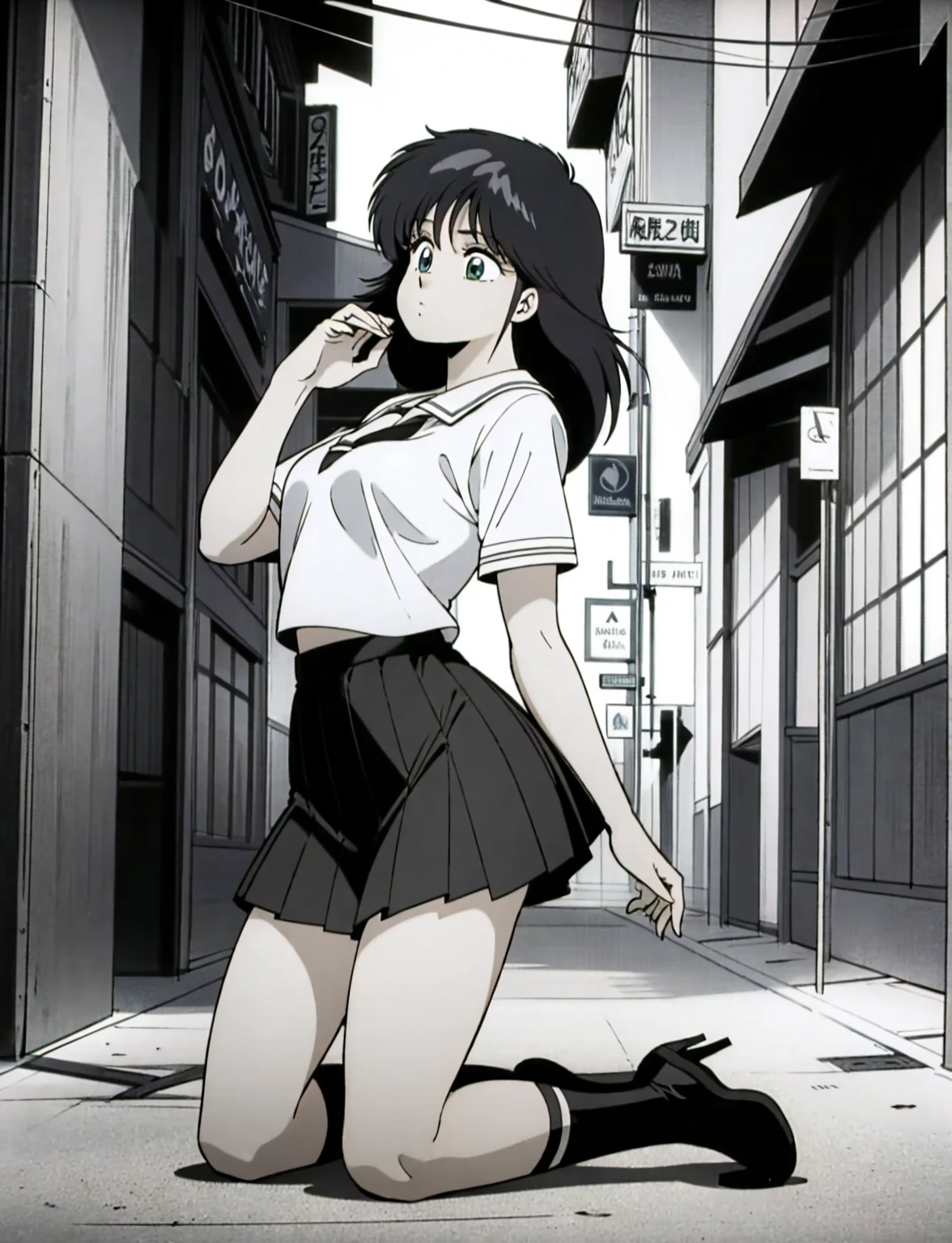 Madoka, moving her center of gravity back, Put your hands forward from both feet, Put both feet in the circle of hands, Quite embarrassing, , Thin legs, Tight Skirt, 90 degree knee, Place your heels on the ground, Hands in front of feet, Hold my feet, Kneel, Sidewalk, RAW Photos, 8K, Highest quality, Ultra-high resolution, Beautiful face details, Real human skin, Gentle expression, Front view, Angle from below, Long Hair, Realistic, Realistic, cute, Short skirt, Lurking deep in the city, cute女子高生, Japanese Uniform, Wearing Japanese clothes , Surreal school girl, whole body, Madoka, (((Exposed ))),
