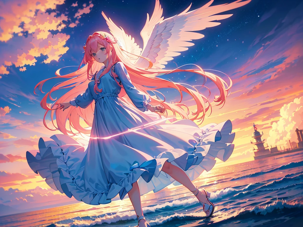 anime, Style, 1 pink long haired girl in a blue dress, long angel wings, floating on air, , on the beach in the night(best quality, 4k, 8k, high resolution, obra-prima: 1.2), ultra-detailed, (realista, fotorealista, foto-realista: 1.37) colorido com vibrantes cores, soft lighting