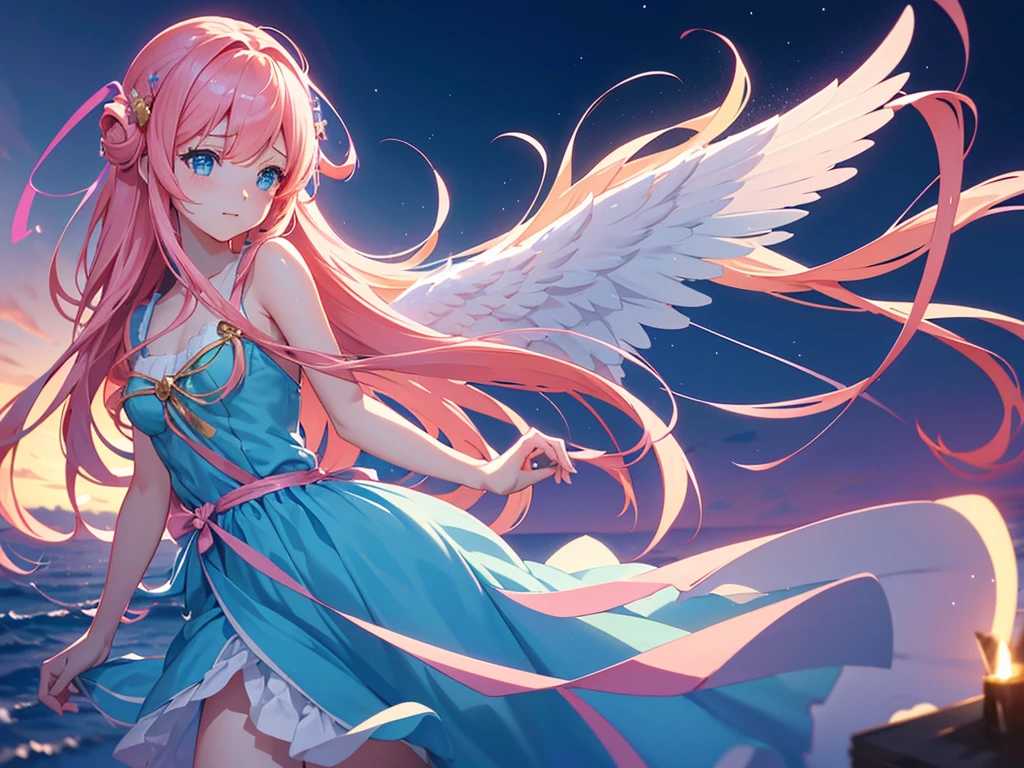 anime, Style, 1 pink long haired girl in a blue dress, long angel wings, floating on air, , on the beach in the night(best quality, 4k, 8k, high resolution, obra-prima: 1.2), ultra-detailed, (realista, fotorealista, foto-realista: 1.37) colorido com vibrantes cores, soft lighting