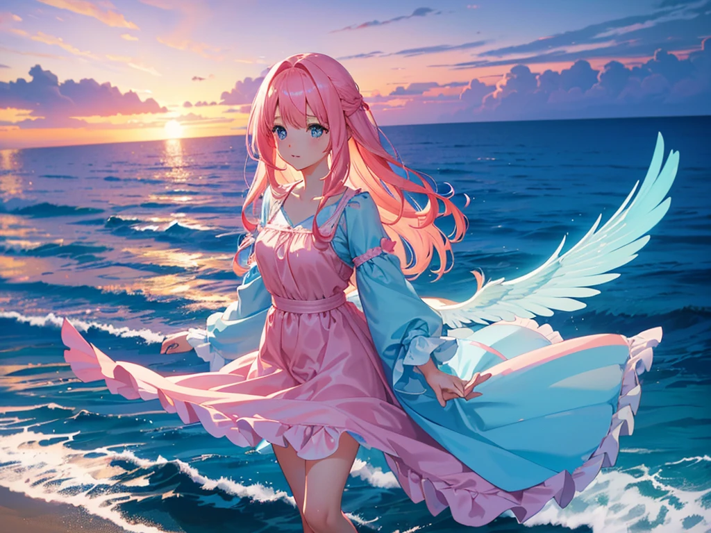 anime, Style, 1 pink long haired girl in a blue dress, long angel wings, floating on air, , on the beach in the night(best quality, 4k, 8k, high resolution, obra-prima: 1.2), ultra-detailed, (realista, fotorealista, foto-realista: 1.37) colorido com vibrantes cores, soft lighting