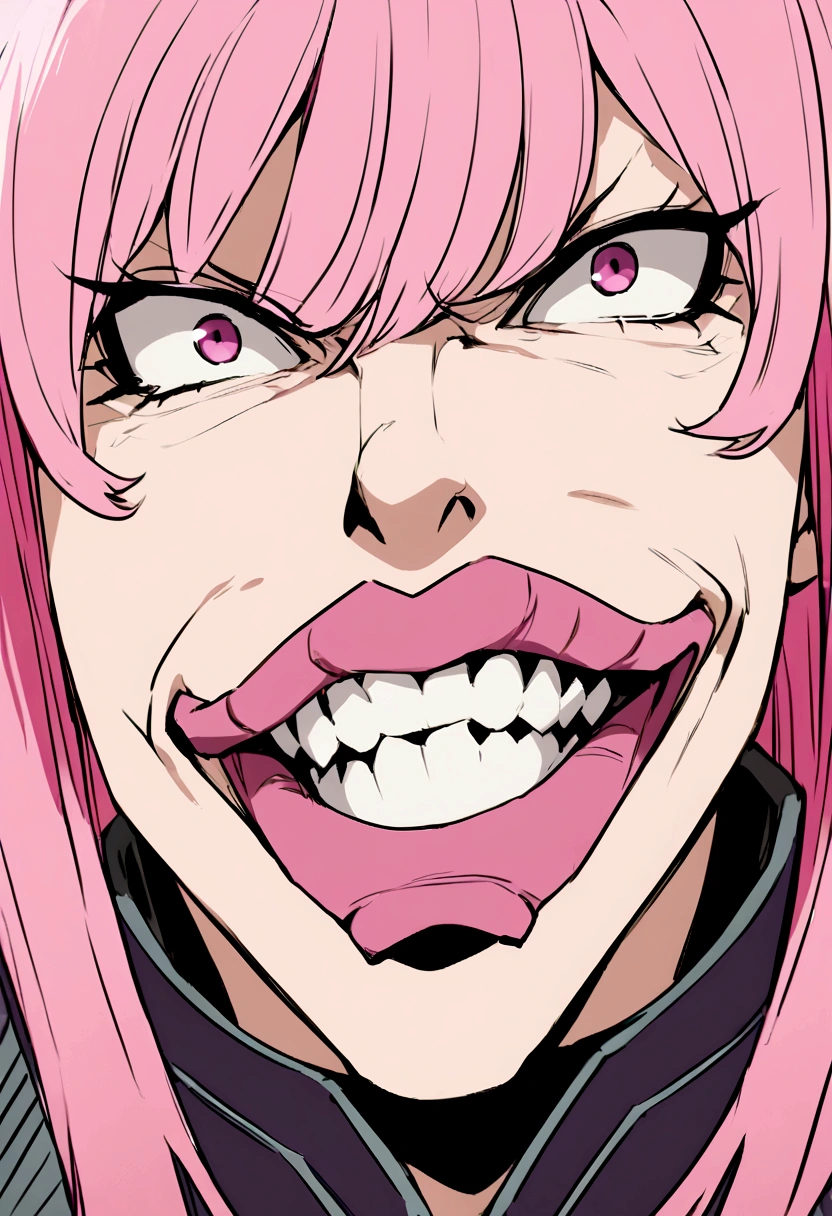 Pink Hair、Giggling、cunning、Teeth are good、Eyes looking sideways、Villain、Strategist