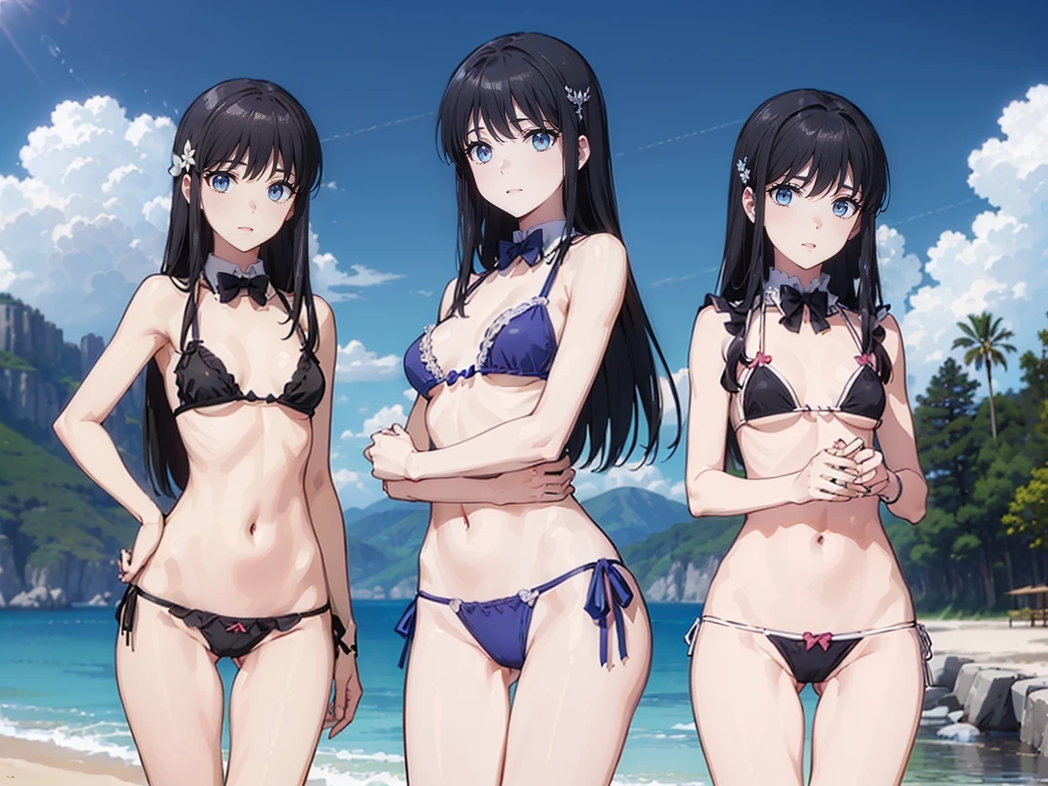 (((High resolution:1.5))), (((Very detailedな:1.5))), (((Three Girls:1.3))),((7Head to Body:1.3))、 (((beach,Outdoor、Midday light background)))、(((Happy expression))), (((smile:1.5)))、(((Beautiful and detailed eyes:1.3))), (((Very detailed))), (((Details face:1.5))), break , ,sunny, ,(((A bow tie、bikini、underboob:1.3)))、(((Tバッグbikini:1.5))),((Very delicate body))、((Very flat chest))、((Small waist))、((thigh gap:1.2))、Friendly atmosphere、