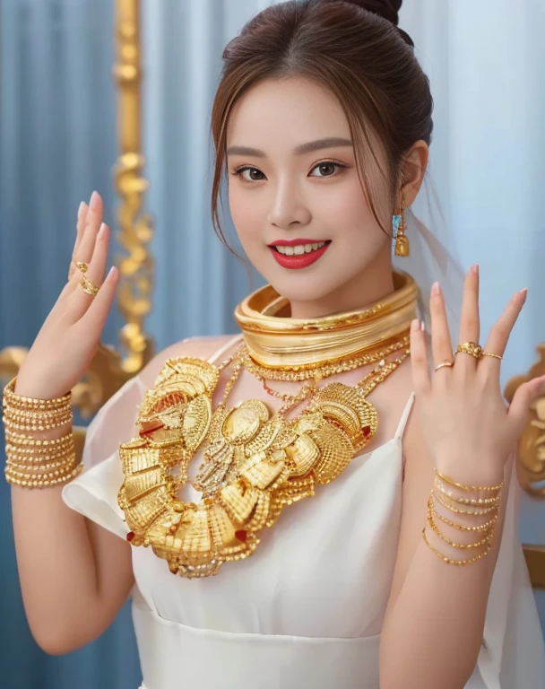 Close-up of woman wearing red dress and gold jewelry, traditional beauty, Wear gold jewelry, Vietnamese woman, gold and red, Niwan Chandra, Southeast Asia that has existed for a long time, traditional chinese, red and gold, Chinese woman, Southeast Asians with round faces, beautiful oriental woman, Sukhothai dress, asian woman