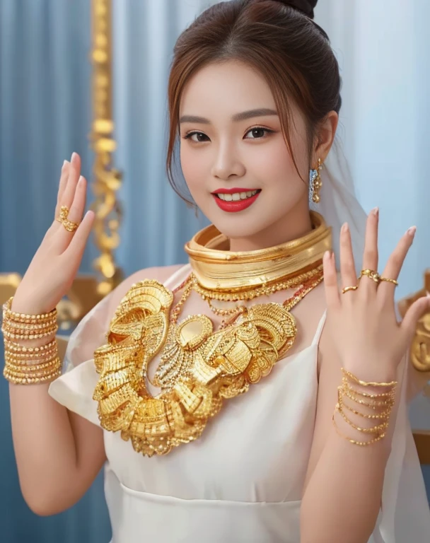 Close-up of woman wearing red dress and gold jewelry, traditional beauty, Wear gold jewelry, Vietnamese woman, gold and red, Niwan Chandra, Southeast Asia that has existed for a long time, traditional chinese, red and gold, Chinese woman, Southeast Asians with round faces, beautiful oriental woman, Sukhothai dress, asian woman