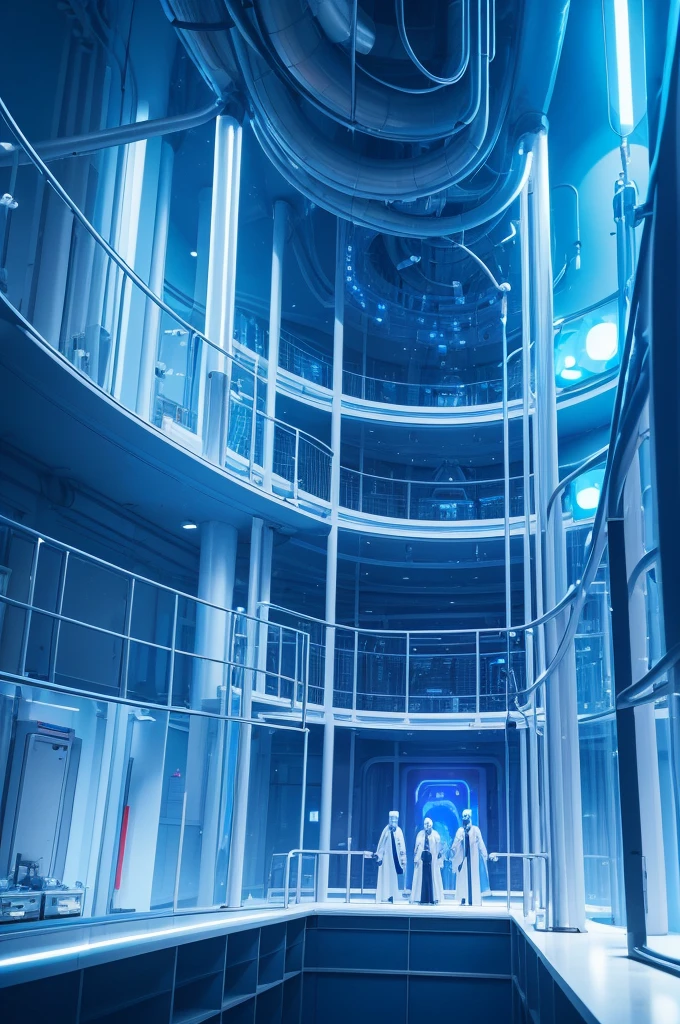 an evil laboratory with two giant tube aquariums with several wires coming out of the teeth of the giant tubes only has these two tubes, blue lights and four doctors in white coats, Coast, the focus is on the two giant tubes, There is no one inside the tubes, the doctors are outside looking