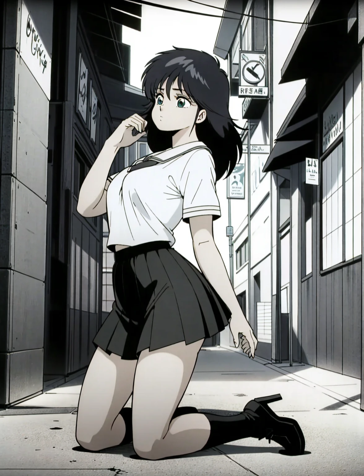Madoka, moving her center of gravity back, Put your hands forward from both feet, Put both feet in the circle of hands, Quite embarrassing, , Thin legs, Tight Skirt, 90 degree knee, Place your heels on the ground, Hands in front of feet, Hold my feet, Kneel, Sidewalk, RAW Photos, 8K, Highest quality, Ultra-high resolution, Beautiful face details, Real human skin, Gentle expression, Front view, Angle from below, Long Hair, Realistic, Realistic, cute, Short skirt, Lurking deep in the city, cute女子高生, Japanese Uniform, Wearing Japanese clothes , Surreal school girl, whole body, Madoka, (((Exposed genitals))),