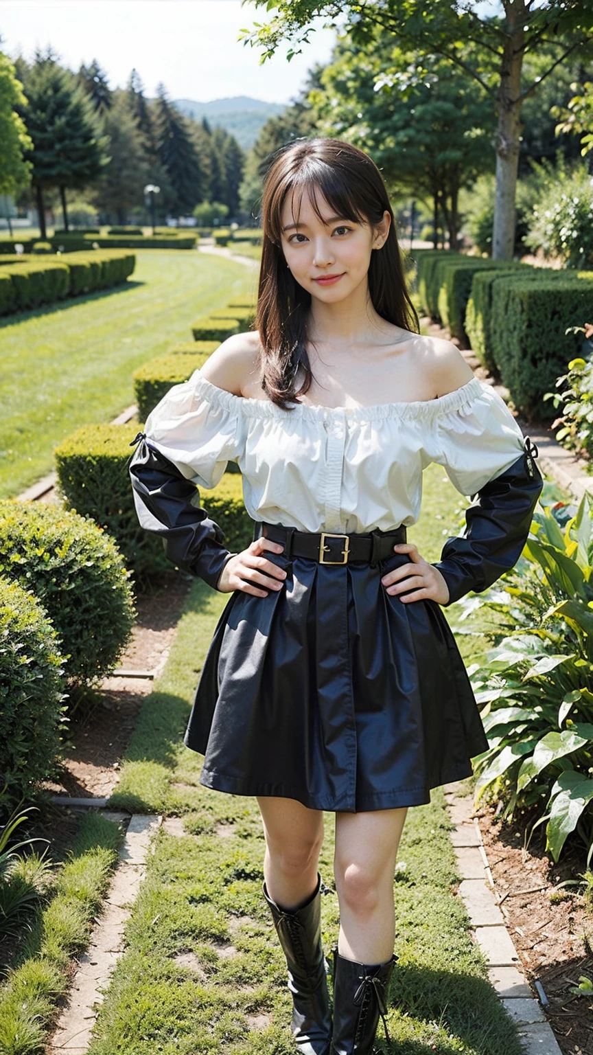 (8K、RAW Photos、Highest quality、masterpiece:1.2)、(Realistic、Realistic)、1 Girl、((mini skirt、smile、Red and Black、Thin legs、whole body、boots、Clothes with ribbons、Anime Costumes、Chest ribbon、Off the shoulder、See-through、Frills、garden、View from the front、Ribbon on chest、Looking into the camera、belt、Stand with hands on hips))、