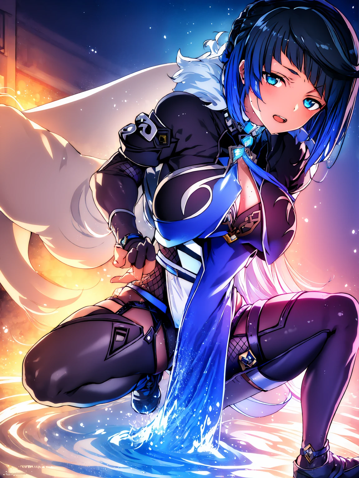 ((Very detailed)), Genshin Impact ((Yeran)), Soft lighting, Perfect human hand,Woman in a relaxed pose)) , Perfect body curves, Tabletop, 4K, Center chest detail, Perfect Face, (20-year-old) , Fits your body type, ゴージャスなPerfect Face, Open your mouth, Realistic style and ultra-detailed rendering, Surrealism, Ultra-realistic oil, Contour Shadow Process Body Portrait)), Sweaty,Spread your legs,Spread your legs,sit in a squatting position,Water flows between my legs,soaked through,puddle,Water springs up,Close one eye,Accept,Vigorous gushing water,The face of someone who has reached the limit of his patience,Drooling,Sensual face,The perfect human body,Sexy Body,The perfect human body