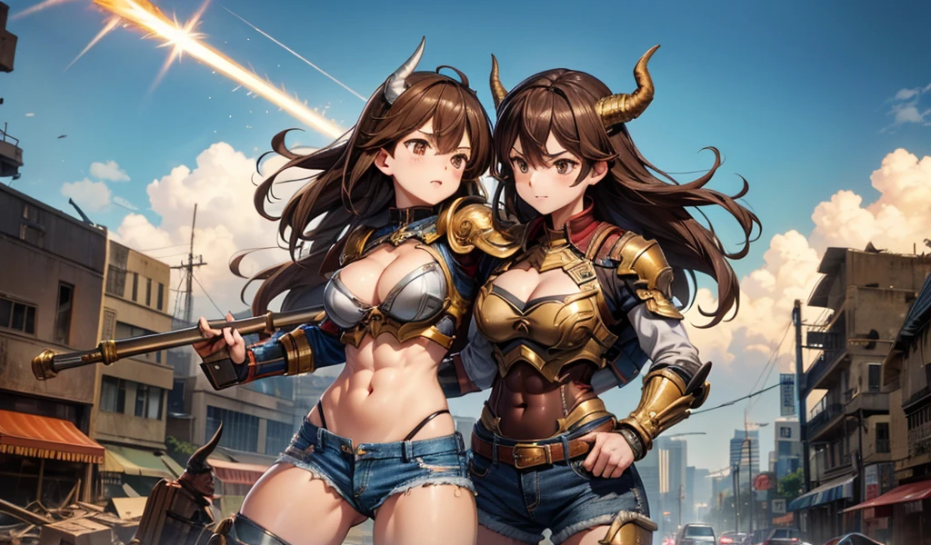 Adult woman with brown hair and horns,muscle,Abdominal muscles,metal breastplate,cleavage,Denim shorts,ushio,thigh,Big hammer,ruined city