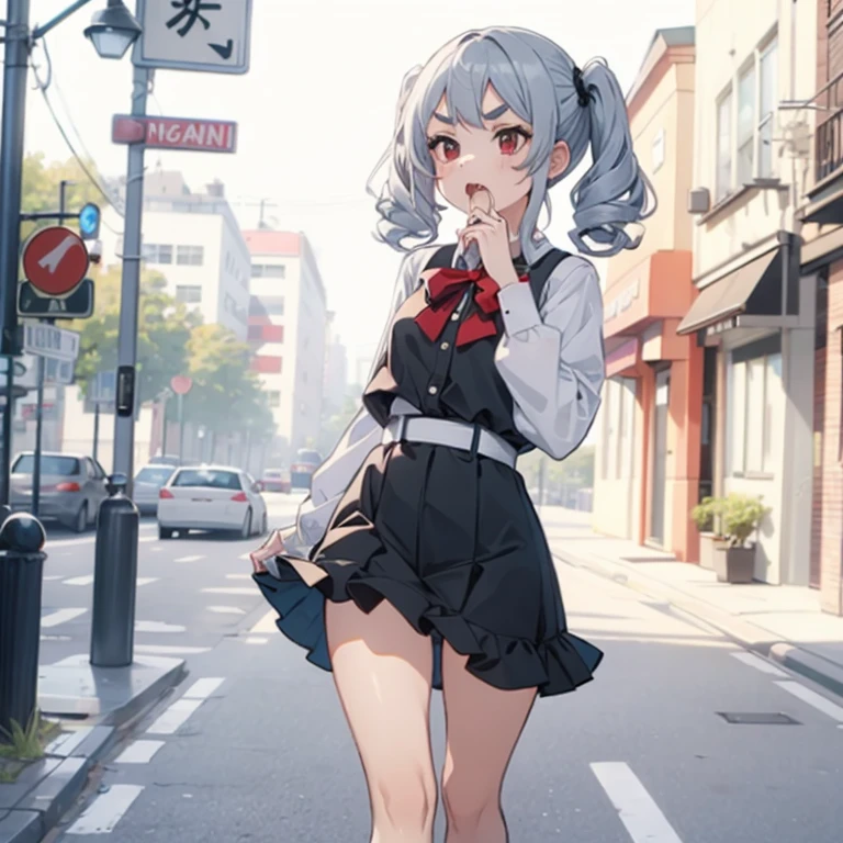 Young girl with grey hair, ((fringed and curly hair)),((curly short twintail)), curly hair ,(red eyes),, ((small bushy eyebrows)), wearing gothic lolita clothing, lolicon , walking to school, bored look, bored face,, cum bubbling out her mouth, in a street, girl giving a blowjob to a naked male with a hand , in a street, (girl masturbating a penis, she naked)