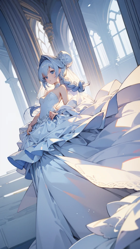 ((detailed)), ((high resolution)), anime girl, white hair, one braided bun hairstyle, blue eyes, wedding gown, realisric body proportions