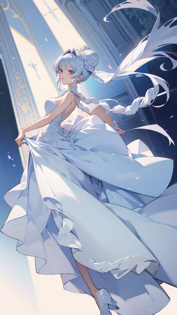 ((detailed)), ((high resolution)), anime girl, white hair, one braided bun hairstyle, blue eyes, wedding gown, realisric body proportions