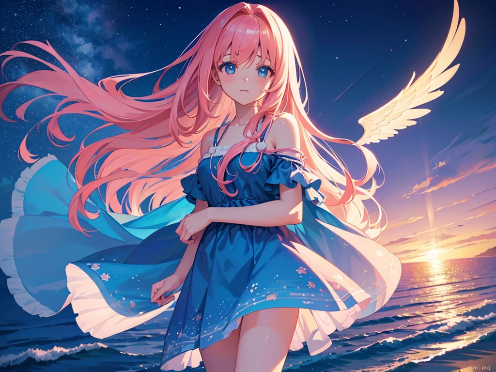 anime, Style, 1 pink long haired girl in a blue dress, long angel wings, floating on air, , on the beach in the night(best quality, 4k, 8k, high resolution, obra-prima: 1.2), ultra-detailed, (realista, fotorealista, foto-realista: 1.37) colorido com vibrantes cores, soft lighting