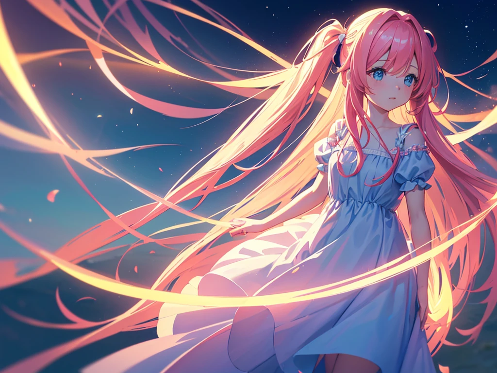 anime, Style, 1 pink long haired girl in a blue dress, long angel wings, floating on air, , on the beach in the night(best quality, 4k, 8k, high resolution, obra-prima: 1.2), ultra-detailed, (realista, fotorealista, foto-realista: 1.37) colorido com vibrantes cores, soft lighting