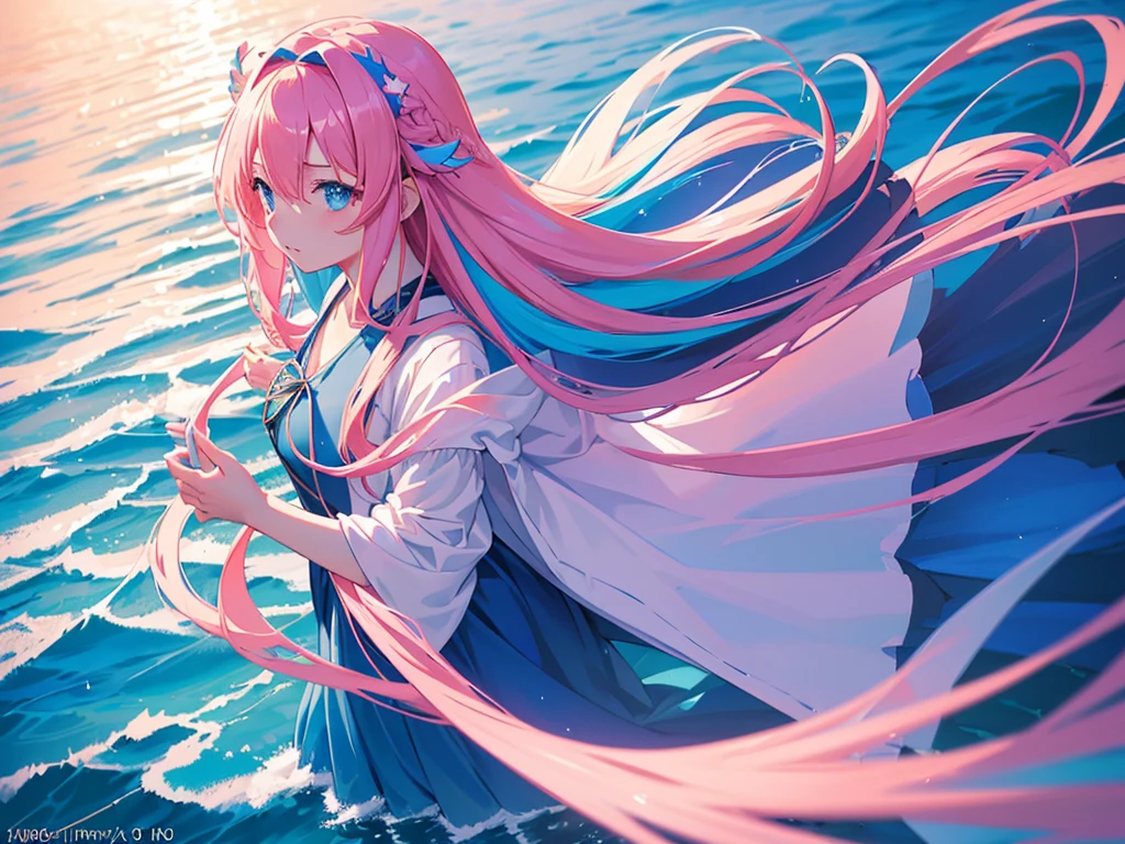 anime, Style, 1 pink long haired girl in a blue dress, long angel wings, floating on air, , on the beach in the night(best quality, 4k, 8k, high resolution, obra-prima: 1.2), ultra-detailed, (realista, fotorealista, foto-realista: 1.37) colorido com vibrantes cores, soft lighting