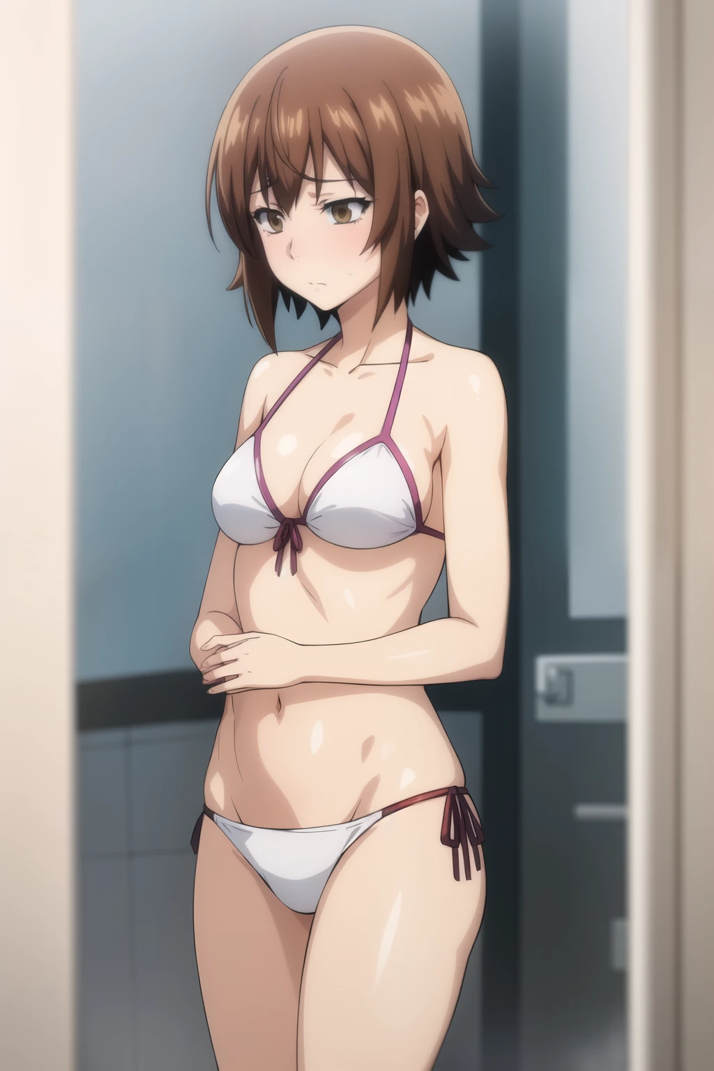 Highest quality, (masterpiece:1.2), Very detailed,
One girl, alone,
View your viewers, Embarrassed expression, Medium chest,
Brown eyes, Brown Hair, short hair, Front tie bikini top, White Bikini、shower room