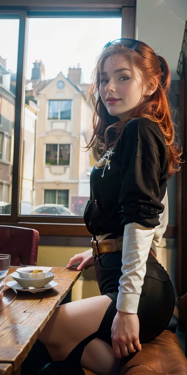 Photo oF a 16 year-old European girl, .RAW, very beautiFul woman, teen model , ( red hair ponytail) long red hair , redhead , freckles on cheeks , Nice smile , big smile , ((portrait)), ((detailed face:1.2)), ((detailed Facial Features)), (Piel Finamente detallada), pale skin、a sexy(cold color), wet, wet, ReFlectores, (Tabletop) (proporciones perFectas)(Fotos realistas)(The best quality) (detailed) FotograFiado con una EOS R5 de Canon, 50mm lens, F/2.8, NFFSW, (8k) (wallpaper) (cinematic lighting) (dramatic lighting) (Sharp Focus) (Convoluted) wears a purple hooded sweatshirt ,sudadera color morado con imagen de Batman, usa una sudadera con capucha color púrpura  von logo de Batman , la capucha púrpura tiene orejas de gato , ropa morada ,tight short black pants , white stockings , chica Feliz , happy girl  , park , evening , Red lips, green eyes  , 16 year old teenager senos grandes , pechos grandes , sexy , posando sexy