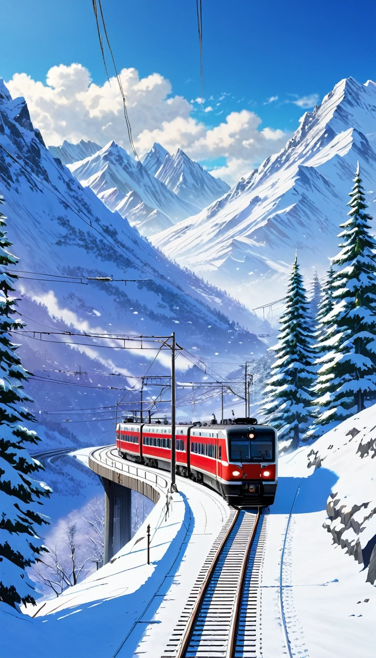 A picturesque winter scene showcasing a red train traveling through a snowy mountainous landscape. The train is moving along a track that curves gently through the snow, with the bright red color of the train contrasting beautifully against the pristine white snow. The background is dominated by towering snow-covered peaks under a partly cloudy sky. The train, consisting of several cars, is well-lit by the natural sunlight, highlighting its details and the snow-covered environment. Power lines run parallel to the train track, adding a touch of modernity to the otherwise natural and serene setting. The overall scene captures the tranquility and beauty of a winter journey through the mountains.anime nature wallpaper, beautiful anime scenes, beautiful anime peace scenes, Makoto Shinkai Cyril Roland, beautiful anime scenes, amazing wallpaper, anime art wallpaper 8k, anime background, art anime backgrounds, anime 4k wallpaper, anime art 4k wallpaper, anime art 4k wallpaper