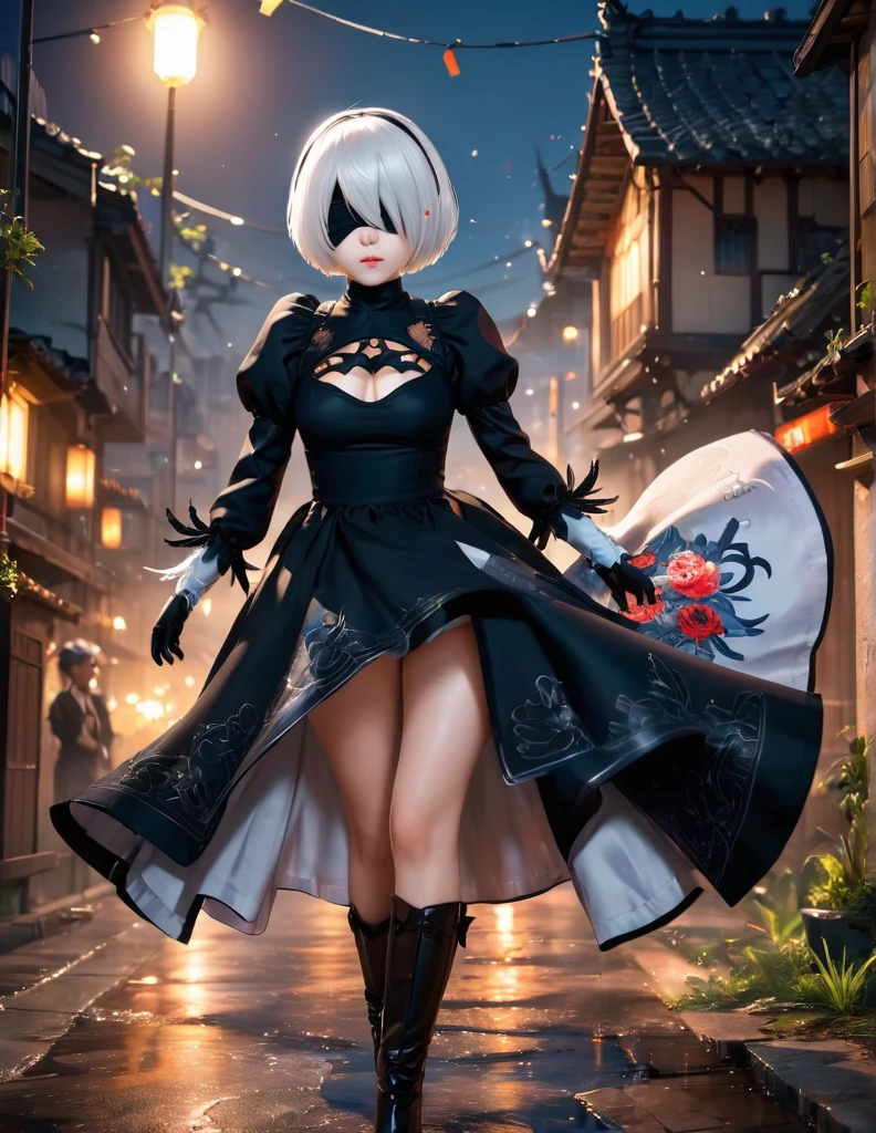 quality(8k wallpaper of extremely detailed CG unit, ​masterpiece, hight resolution, top-quality, top-quality real texture skin,hyper realisitic, digitial painting,increase the resolution,RAW photos，best qualtiy,highly detailed,the wallpaper),BREAK,8K, 2B from anime, 2B girl  , white hair, dress, colorful makeup, eyes covered with patches 
 