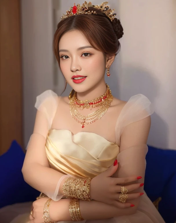 Close-up of woman wearing red dress and gold jewelry, traditional beauty, Wear gold jewelry, Vietnamese woman, gold and red, Niwan Chandra, Southeast Asia that has existed for a long time, traditional chinese, red and gold, Chinese woman, Southeast Asians with round faces, beautiful oriental woman, Sukhothai dress, asian woman