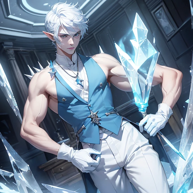 (absurdres, best high quality image, carefuly detailed features and textures, very detailed image, solo character alone, full character view): {{(1character: 25 years old half-elf prince ice young boy), (1,81 body height, handsome features, pale skin, pure white spiky short hair, blue eyes with white pupils, short pointy ears, light blue lips, white eyebrows, balanced muscular, handsome body), (pale blue vest, silver necklace, white gloves, blue long boots), (short crystal wand), (standing, gentle smile, relaxed pose, fierce demeanor, holding his ice knife with left hand), (irish pub)}}