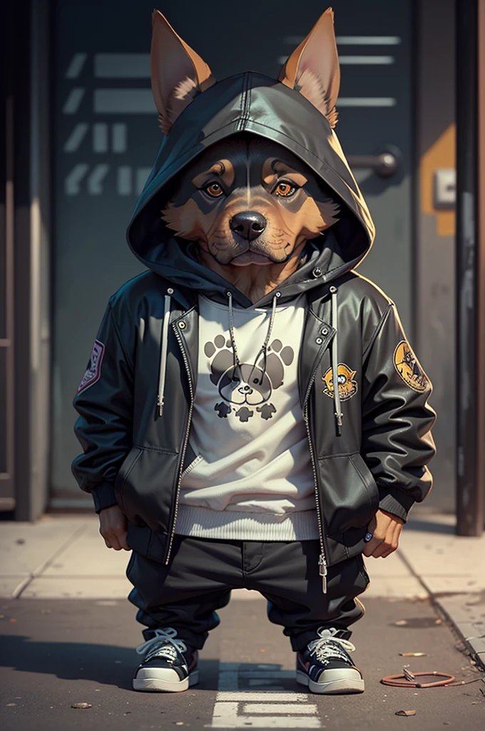 C4tt4stic, Cartoon Doberman dog in a skateboard with a jacket（Body hair is black、Details of the appearance of the Doberman） X